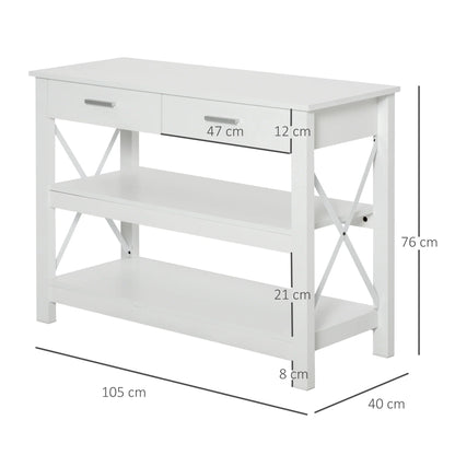 HOMCOM Konsolentisch Flurtisch mit 2 Schubladen und unteren Regalen Moderner Stil Metallrahmen 105x40x76 cm Weiß