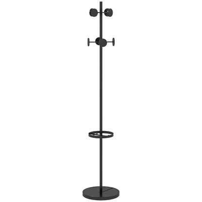 HOMCOM Freistehender Garderobenständer mit Regenschirmständer – Metall-Garderobe mit 12 Haken für Regenschirme und Taschen, Baumform für Flur, Eingangsbereich, Schlafzimmer Ø34x177 cm Schwarz