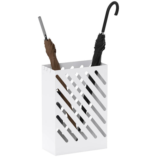 HOMCOM Regenschirmständer mit 4 Haken und herausnehmbarer Tropfschale - Regenschirmhalter für Gehstöcke & Regenschirme, Stahl 28 x 14 x 41 cm Weiß