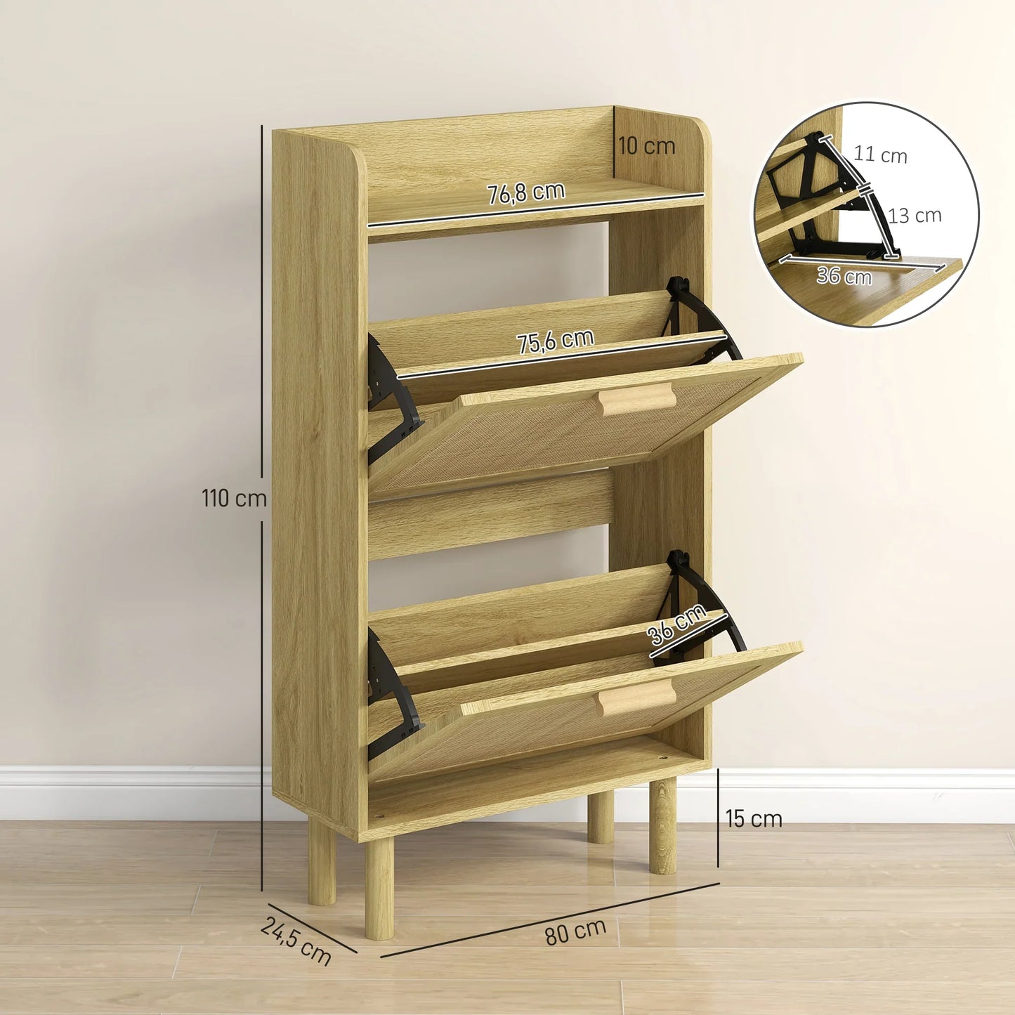 HOMCOM Schuhschrank für den Eingangsbereich im Bohemian-Stil – Schuhschrank für 18 Paar Schuhe mit 2 Klappschubladen und 1 offenen Regal – Schmaler Schuhschrank für Flur 80x24,5x110 cm Eiche
