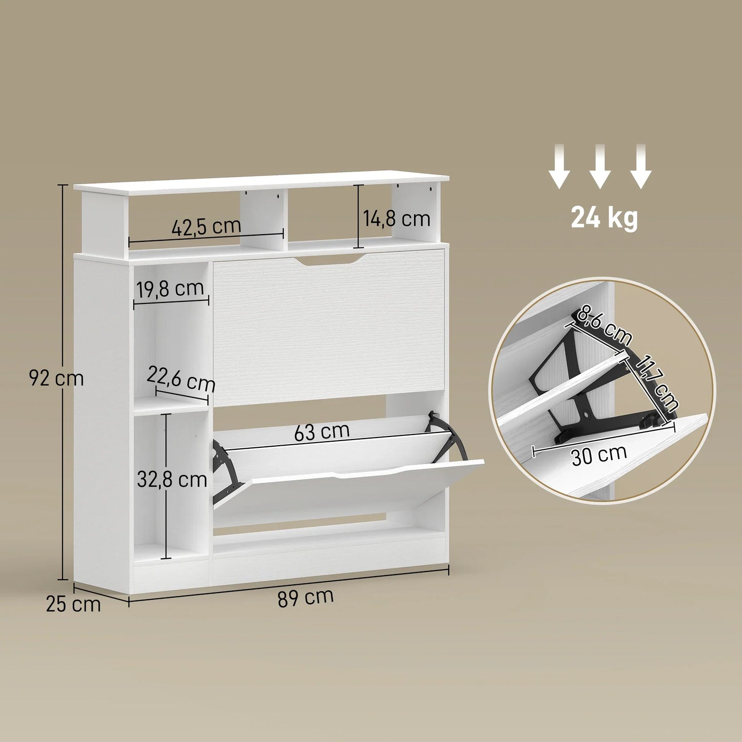HOMCOM schmaler Schuhschrank mit 2 Klappen, offenen Fächern & verstellbarem Einlegeboden, 89 x 25 x 92 cm, Weiß