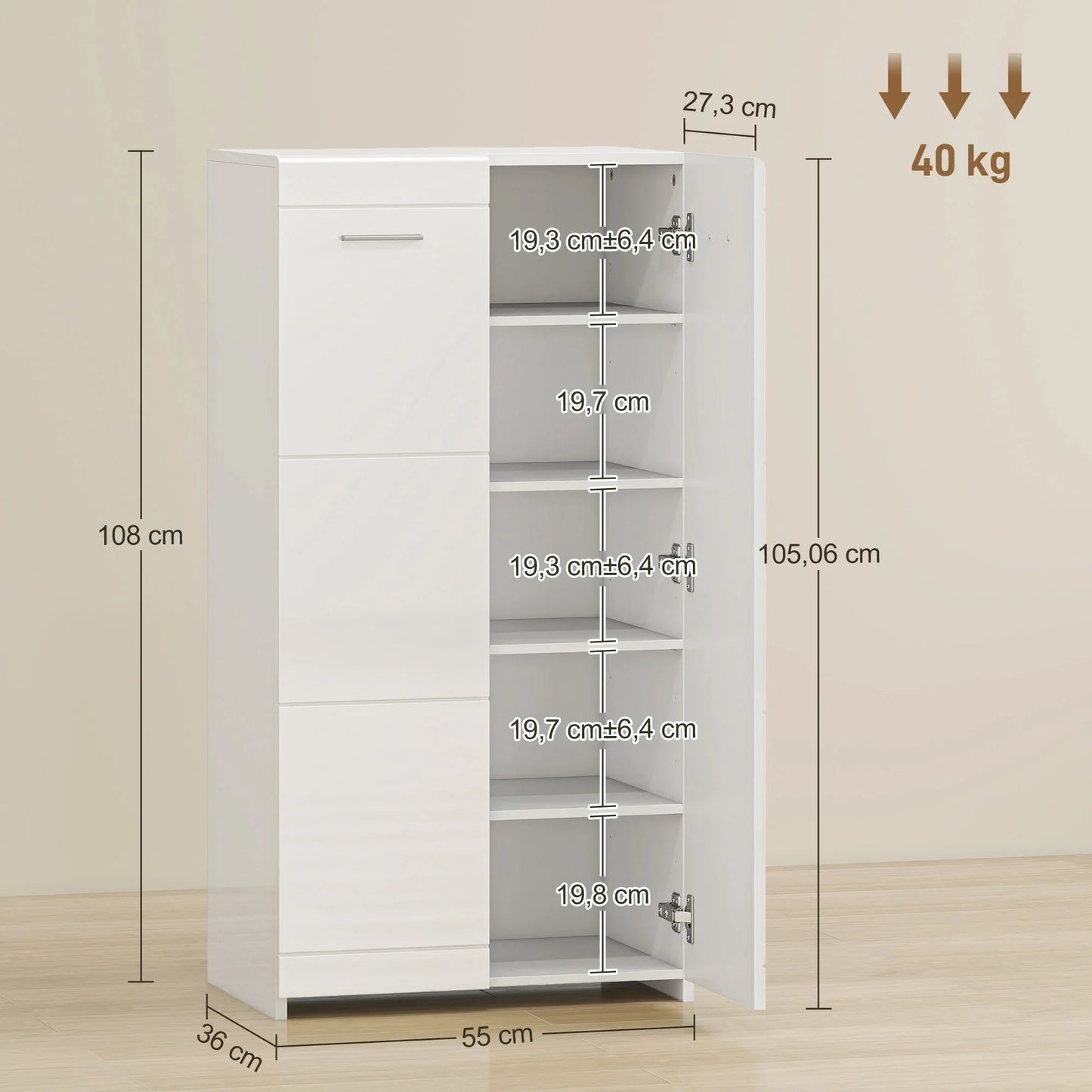 HOMCOM Schuhschrank, 2-türig, 5 Ablagen, verstellbare Einlegeböden, fasst 10 Paar, Hochglanzweiß, 55 x 36 x 108 cm