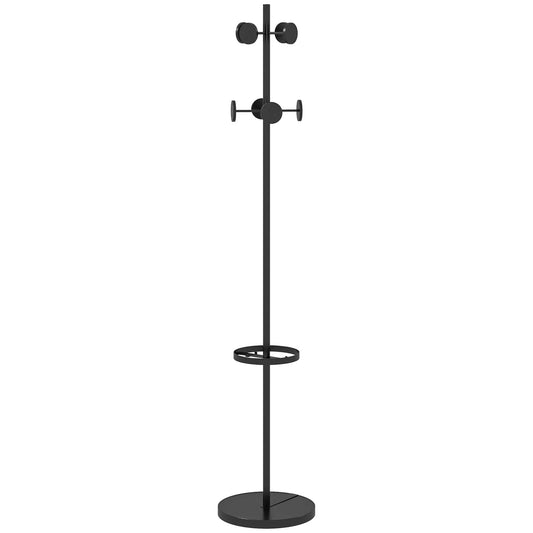 HOMCOM Freistehender Garderobenständer mit Regenschirmständer – Metall-Garderobe mit 12 Haken für Regenschirme und Taschen, Baumform für Flur, Eingangsbereich, Schlafzimmer Ø34x177 cm Schwarz