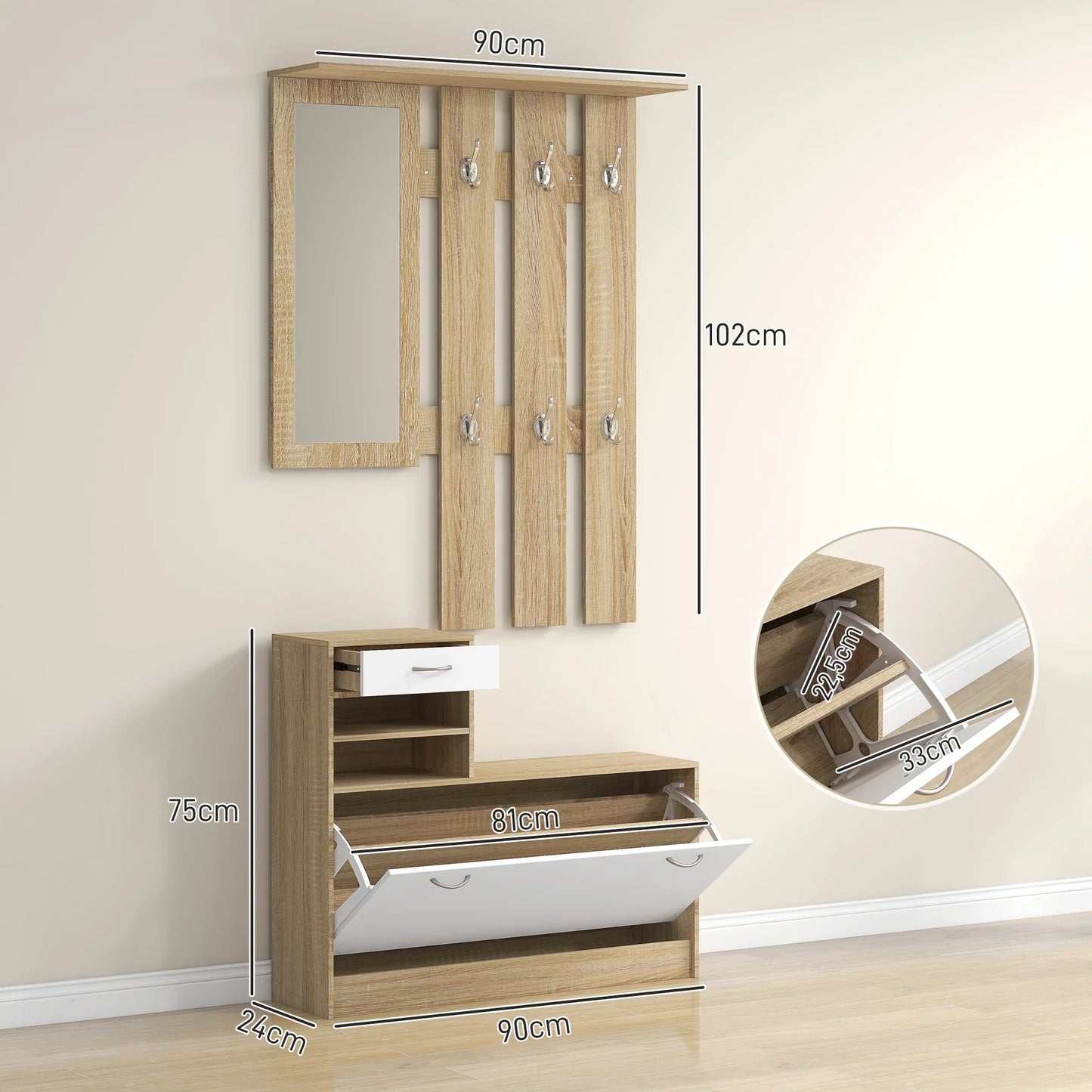 HOMCOM Flur Organizer mit Spiegel, Garderobe und Schuhschrank - 2-teiliges Möbelset für den Eingangsbereich mit 6 Haken, Regalen und Klappen-Schublade für einen natürlichen Flur
