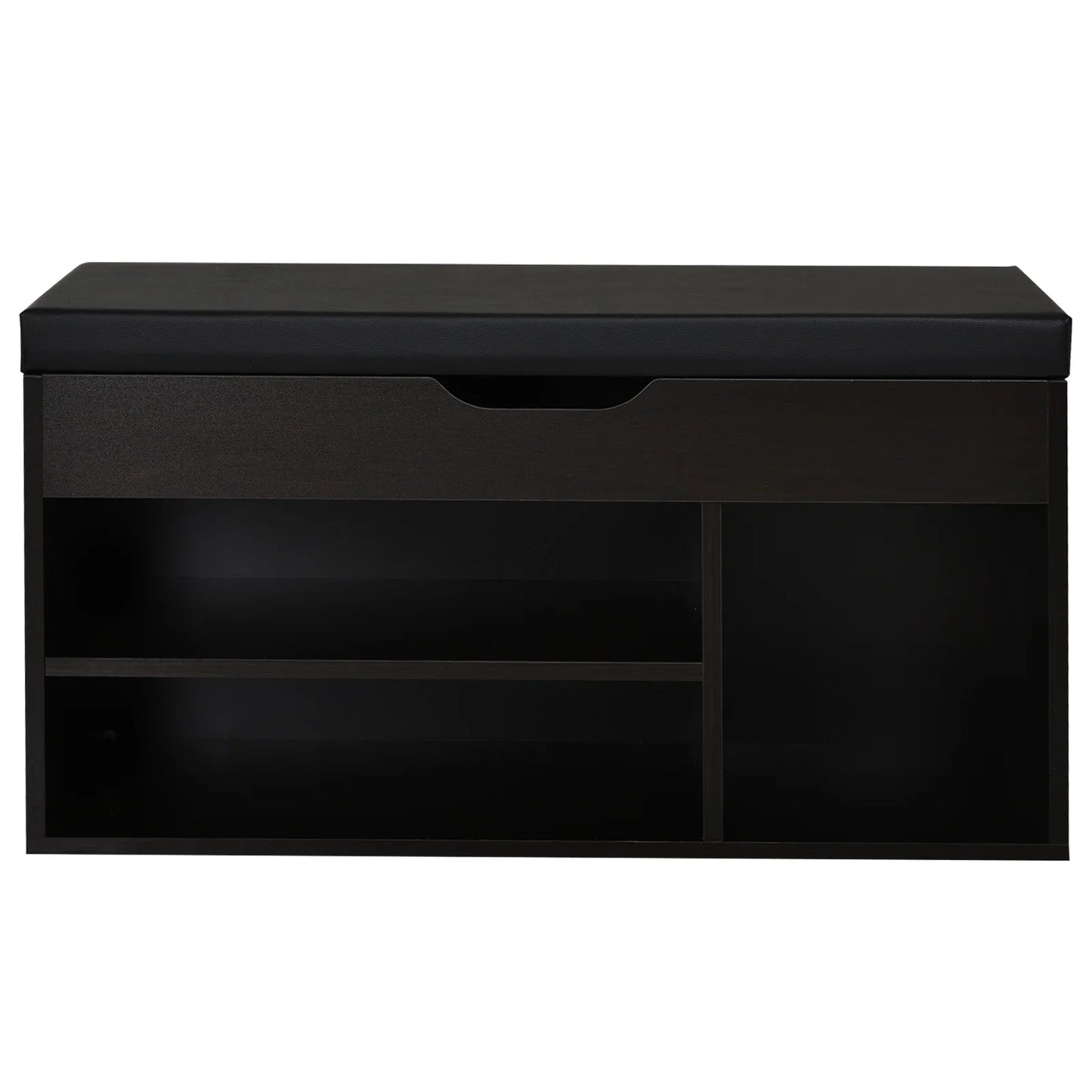 HOMCOM Gepolsteter Schuhschrank für den Eingangsbereich, Schuhschrank mit Schuhregal, 3 Fächer, Sitzfläche aus PU-Leder, für Wohn- und Flurbereich, 80x30x43 cm, Schwarz