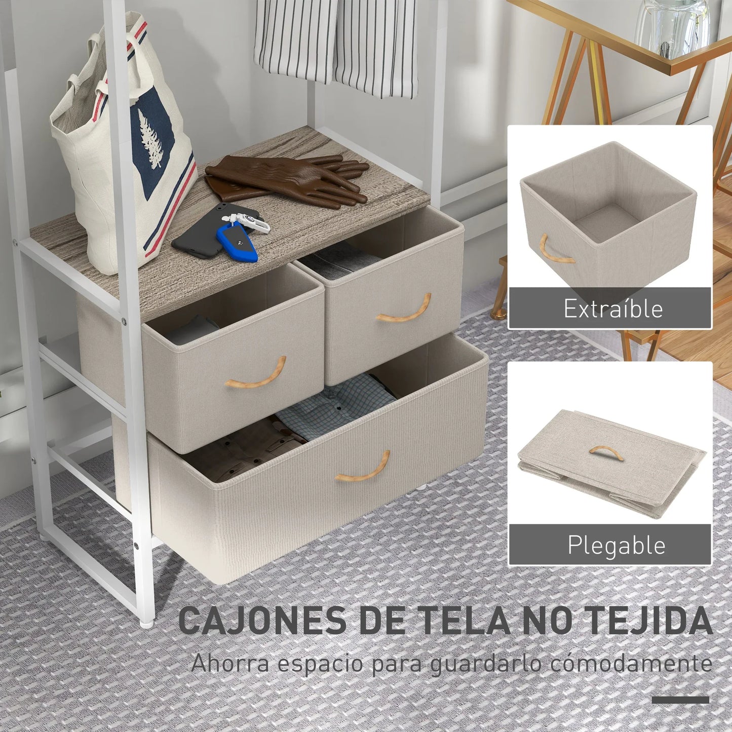 HOMCOM Garderobenständer für Flur mit 3 Stoffschubladen, Kleiderstange und Ablage für Flur, Schlafzimmer, Wohnzimmer 58,5x30x178 cm Natur
