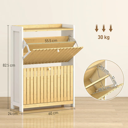 HOMCOM Schmaler Schuhschrank mit 2 Bambustüren und verstellbaren Regalen für 12 Paar Schuhe 60x24x82,5 cm Weiß und Natur