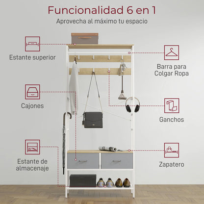 HOMCOM Garderobe mit Schuhregal – Eingangsbereich Garderobe mit Schuhregal, 8 Haken, 2 Stoffschubladen, Maschenregal im industriellen Stil für hängende Kleidung – Flur, Schlafzimmer, Wohnzimmer 80x30x180,5 cm Natur