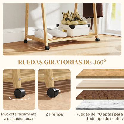 HOMCOM Bambus Kleiderständer mit Rollen, 2 offenen Regalen und 2 Haken, Kleiderständer für Eingangsbereich, Flur, Schlafzimmer 84,5x43,5x158 cm Natur