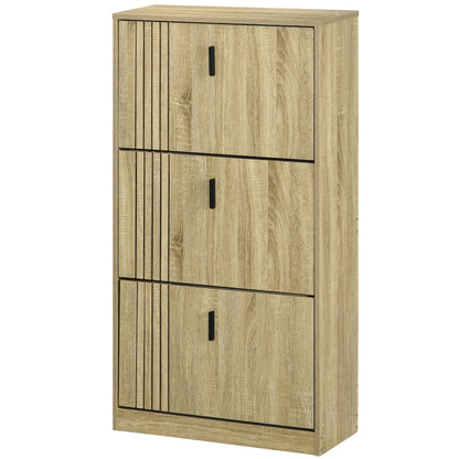 HOMCOM Schuhschrank mit 3 Klappen, für 18 Paar, 3-Fächer Schuhschrank, große Kapazität für Eingangsbereich, Flur, Wohnzimmer, 63 x 24 x 117 cm, Eiche