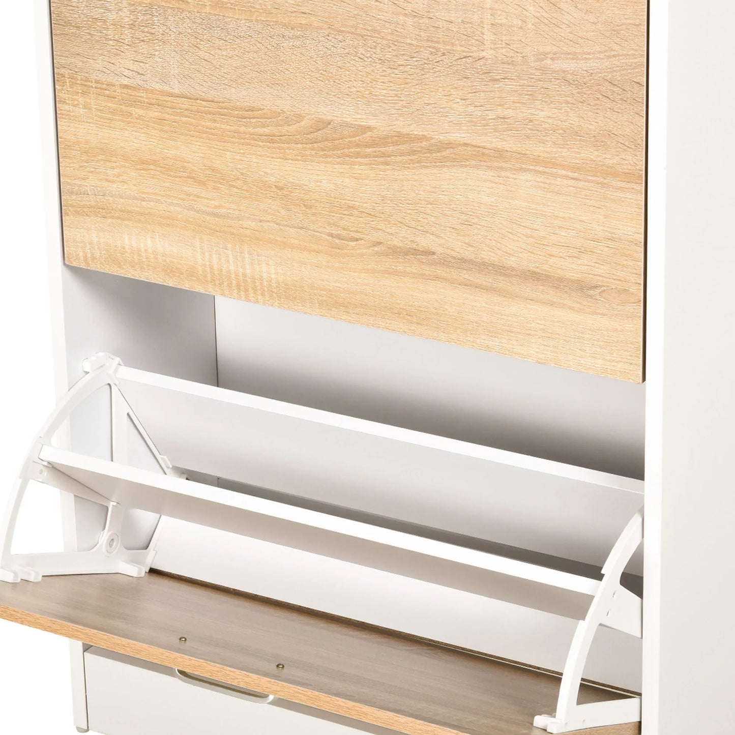 HOMCOM Schuhschrank mit 3 Schubladen, Glasregal und Aluminiumgriff für Flur, 50 kg Belastbarkeit, 60x24x105,5 cm - Natur