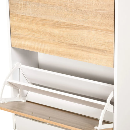 HOMCOM Schuhschrank mit 3 Schubladen, Glasregal und Aluminiumgriff für Flur, 50 kg Belastbarkeit, 60x24x105,5 cm - Natur