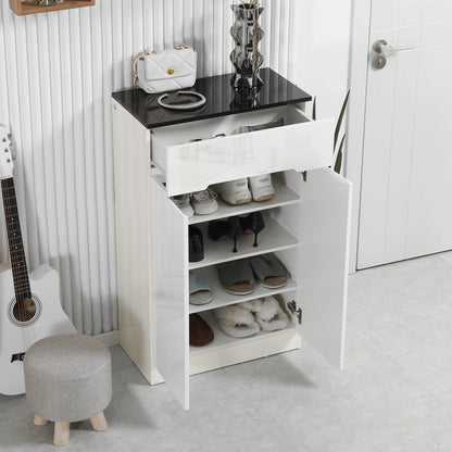 HOMCOM Slim Schuhschrank für bis zu 12 Paare Schuhe für Eingänge und Flure mit 3 verstellbaren Regalen und Schublade aus glänzendem Spanplattenwerkstoff, 60x32x100 cm