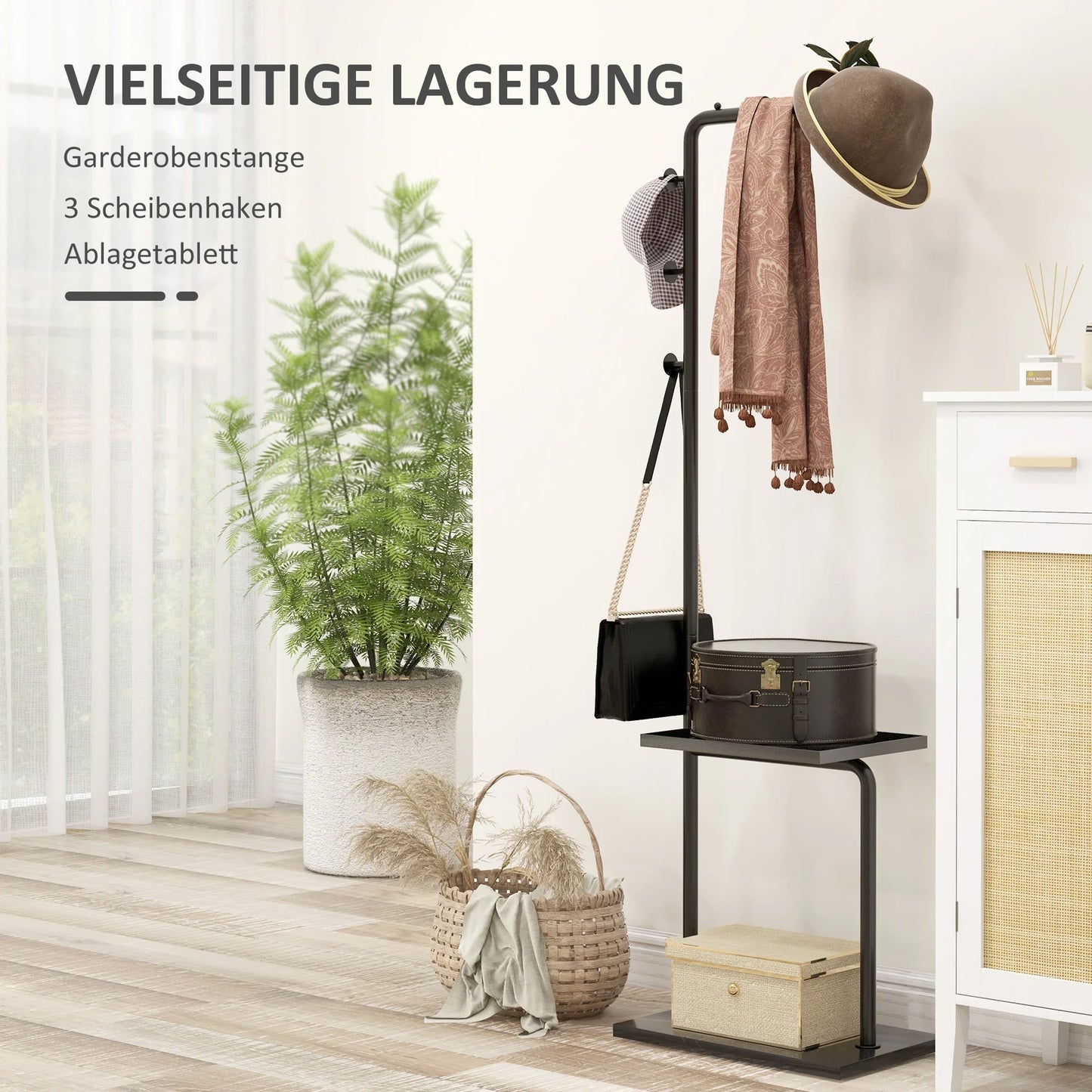 HOMCOM Garderobenständer, Kleiderständer mit Ablagen und Haken, Jackenständer, moderner Garderobe für Kleidung, Hut, Tasche, für Flur, Wohnzimmer, Schwarz