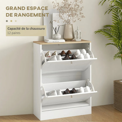 HOMCOM Schuhschrank für 12 Paare, schmaler Schuhaufbewahrungsschrank, modernes Möbelstück für den Eingangsbereich mit 2 Klappschubladen und verstellbaren Regalen, für Flur und Eingangsbereich, 60 x 24 x 80 cm, Weiß