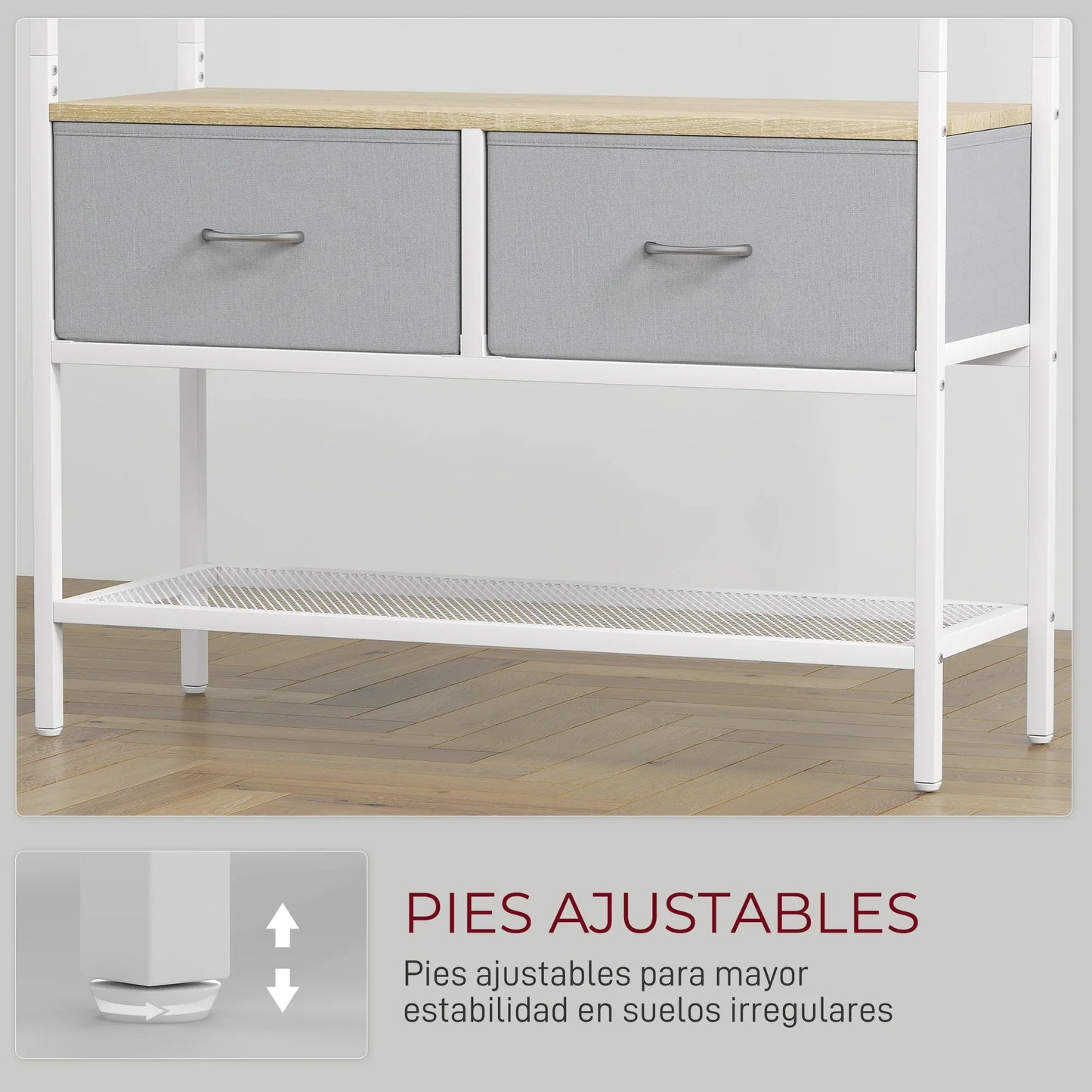 HOMCOM Garderobe mit Schuhregal – Eingangsbereich Garderobe mit Schuhregal, 8 Haken, 2 Stoffschubladen, Maschenregal im industriellen Stil für hängende Kleidung – Flur, Schlafzimmer, Wohnzimmer 80x30x180,5 cm Natur