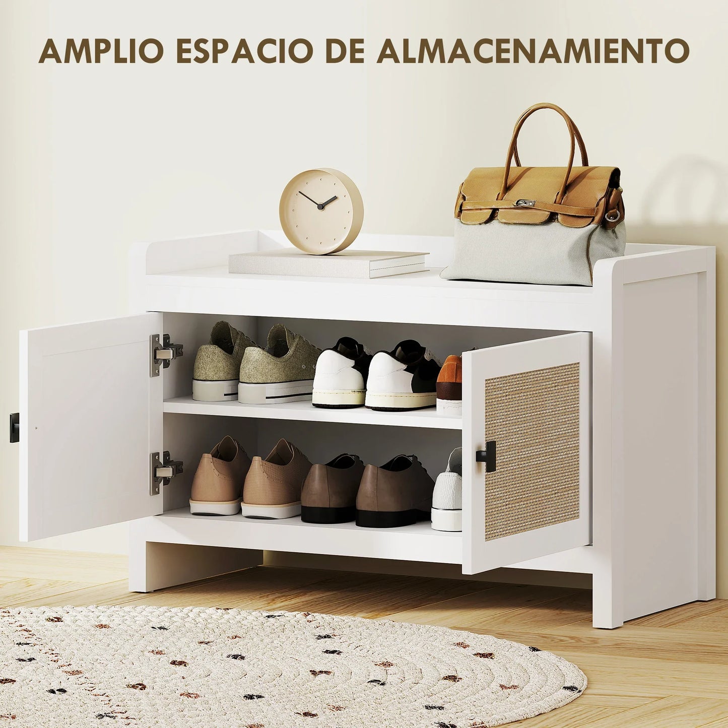 HOMCOM Bohemian Schuhbank mit Rattan-Fronttüren, Abnehmbares Regal für 8 Paar Schuhe für Flur und Schlafzimmer 80x35x52 cm Weiß