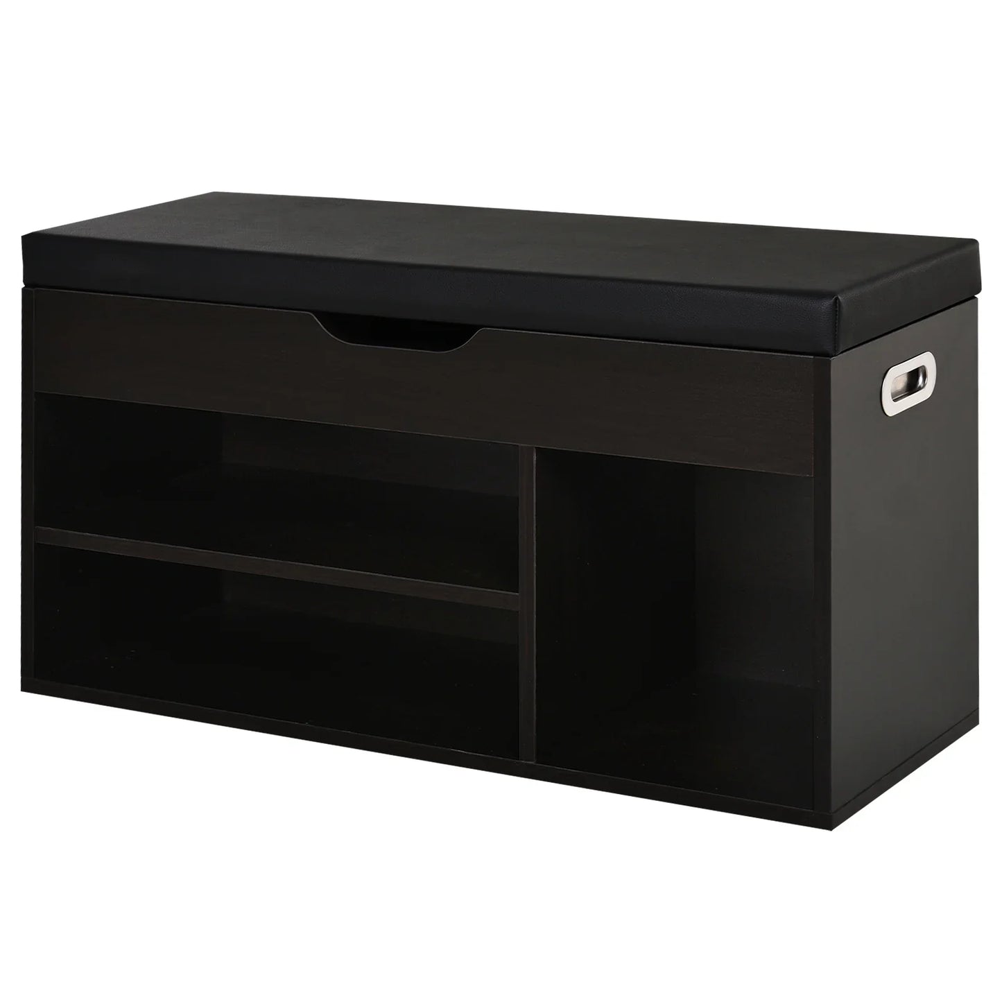 HOMCOM Gepolsteter Schuhschrank für den Eingangsbereich, Schuhschrank mit Schuhregal, 3 Fächer, Sitzfläche aus PU-Leder, für Wohn- und Flurbereich, 80x30x43 cm, Schwarz