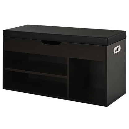 HOMCOM Gepolsteter Schuhschrank für den Eingangsbereich, Schuhschrank mit Schuhregal, 3 Fächer, Sitzfläche aus PU-Leder, für Wohn- und Flurbereich, 80x30x43 cm, Schwarz