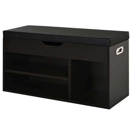 HOMCOM Gepolsteter Schuhschrank für den Eingangsbereich, Schuhschrank mit Schuhregal, 3 Fächer, Sitzfläche aus PU-Leder, für Wohn- und Flurbereich, 80x30x43 cm, Schwarz