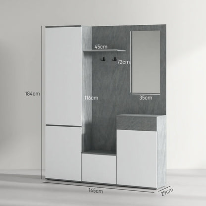 HOMCOM 4-in-1 Garderobenständer mit Spiegel, Haken und verstellbaren Innenregalen, Multitasking Holz-Garderobenmöbel mit Schublade, 145x29x184 cm, Grau und Weiß