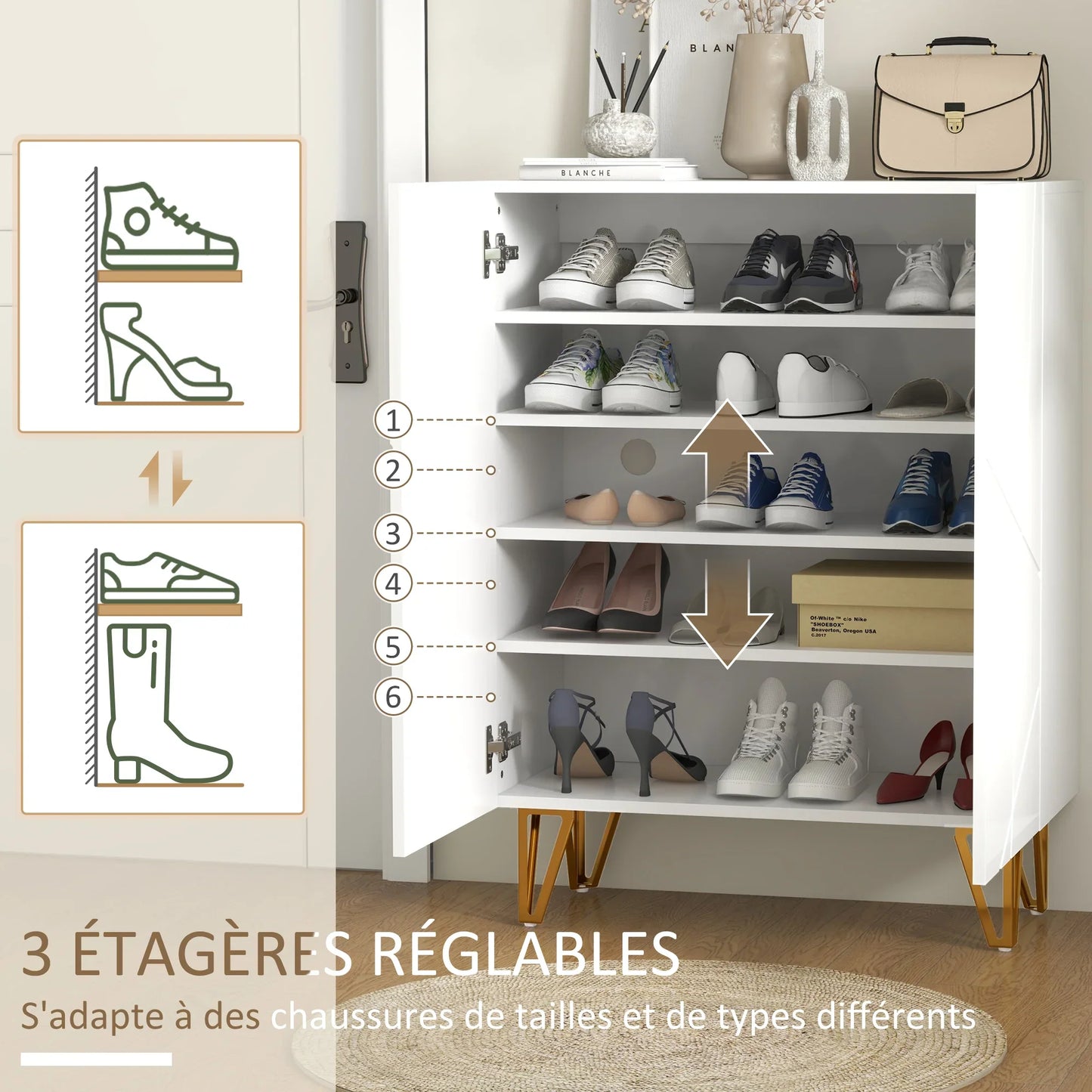 HOMCOM Schuhschrank, Schuhaufbewahrungsschrank, 2 Türen mit sanft schließendem Scharnier, verstellbare Regale für 15-20 Paare von Schuhen, Weißer Lack
