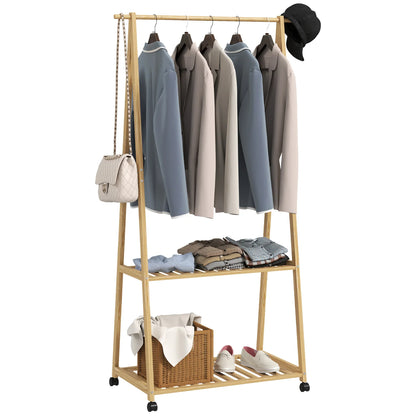 HOMCOM Bambus Kleiderständer mit Rollen, 2 offenen Regalen und 2 Haken, Kleiderständer für Eingangsbereich, Flur, Schlafzimmer 84,5x43,5x158 cm Natur