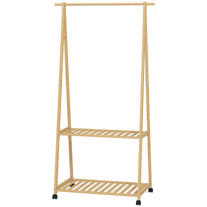 HOMCOM Bambus Kleiderständer mit Rollen, 2 offenen Regalen und 2 Haken, Kleiderständer für Eingangsbereich, Flur, Schlafzimmer 84,5x43,5x158 cm Natur