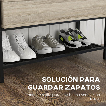 HOMCOM Schuhbank mit Klappdeckel und verstecktem Fach sowie unterer Gitterablage für 4 Paar Schuhe für Flur und Wohnzimmer 84x39,5x61 cm Eiche