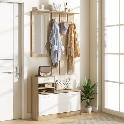 HOMCOM Flur Organizer mit Spiegel, Garderobe und Schuhschrank - 2-teiliges Möbelset für den Eingangsbereich mit 6 Haken, Regalen und Klappen-Schublade für einen natürlichen Flur