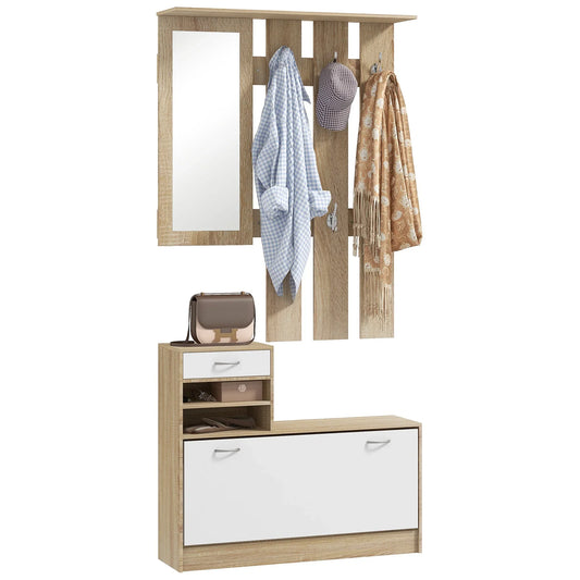 HOMCOM Flur Organizer mit Spiegel, Garderobe und Schuhschrank - 2-teiliges Möbelset für den Eingangsbereich mit 6 Haken, Regalen und Klappen-Schublade für einen natürlichen Flur