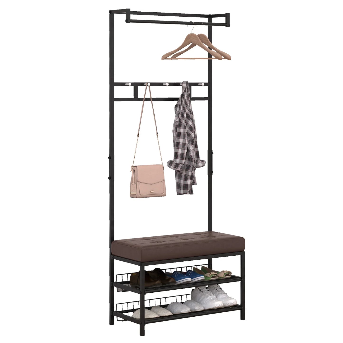 HOMCOM Kleiderständer mit 5 Haken und Schuhbank mit 2 Ebenen, Metallkleiderständer für Flur, Schlafzimmer, 72,5 x 35 x 180 cm
