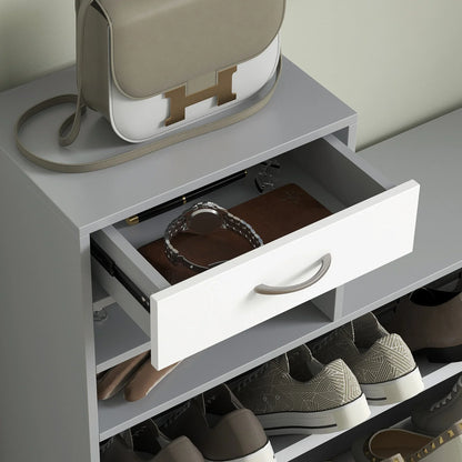 HOMCOM Flur Kleiderständer mit Spiegel, Schuhbank und 2-teiligem Flurmöbelset mit 6 Haken, Regalen und Klappschublade für dunkle Flure