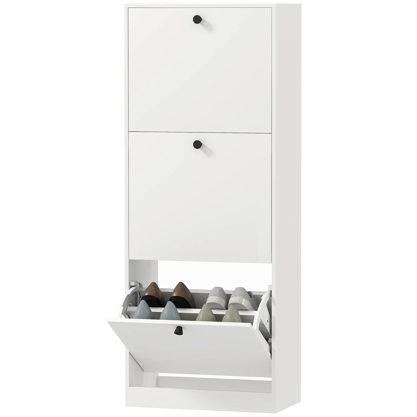 HOMCOM Schuhschrank mit 3 Klappen, Schuhregal mit verstellbarem Fach, schmaler Schuhschrank für 12 Paar Schuhe 47 x 26 x 120 cm, Weiß
