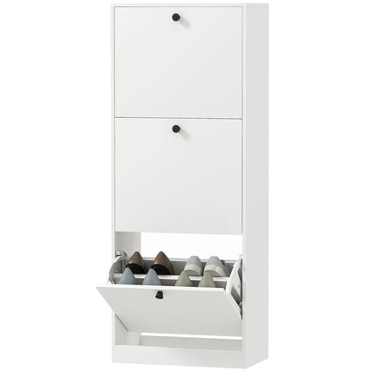HOMCOM Schuhschrank mit 3 Klappen, Schuhregal mit verstellbarem Fach, schmaler Schuhschrank für 12 Paar Schuhe 47 x 26 x 120 cm, Weiß