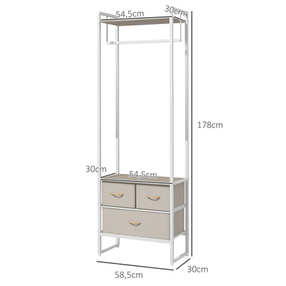 HOMCOM Garderobenständer für Flur mit 3 Stoffschubladen, Kleiderstange und Ablage für Flur, Schlafzimmer, Wohnzimmer 58,5x30x178 cm Natur