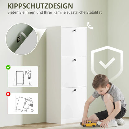 HOMCOM Schuhschrank mit 3 Klappen, Schuhregal mit verstellbarem Fach, schmaler Schuhschrank für 12 Paar Schuhe 47 x 26 x 120 cm, Weiß