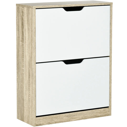 HOMCOM Schuhschrank aus Holz mit 2 Klapptüren und 4 Ablagefächern für 8 Paar Schuhe für Flur, Diele, Schlafzimmer 62,5x26x81 cm Weiß und Natur