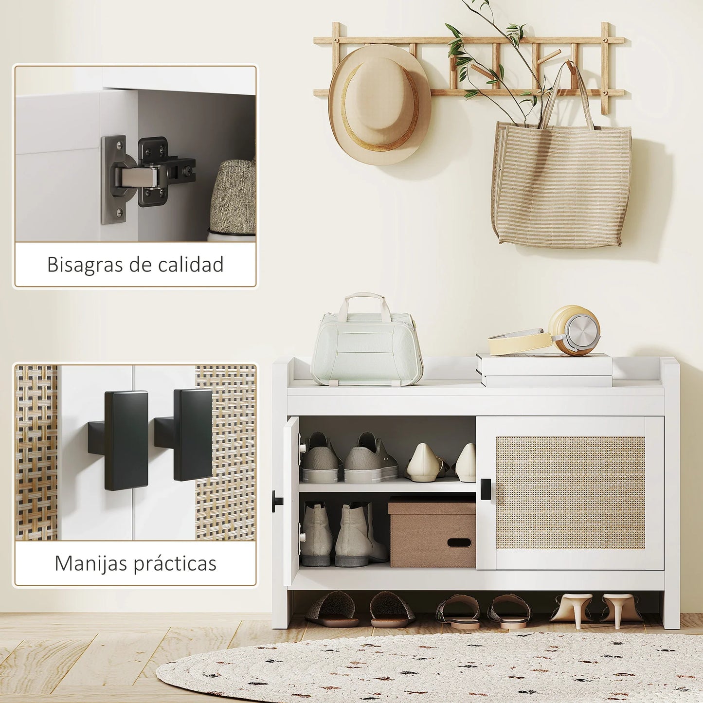 HOMCOM Bohemian Schuhbank mit Rattan-Fronttüren, Abnehmbares Regal für 8 Paar Schuhe für Flur und Schlafzimmer 80x35x52 cm Weiß