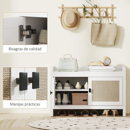 HOMCOM Bohemian Schuhbank mit Rattan-Fronttüren, Abnehmbares Regal für 8 Paar Schuhe für Flur und Schlafzimmer 80x35x52 cm Weiß