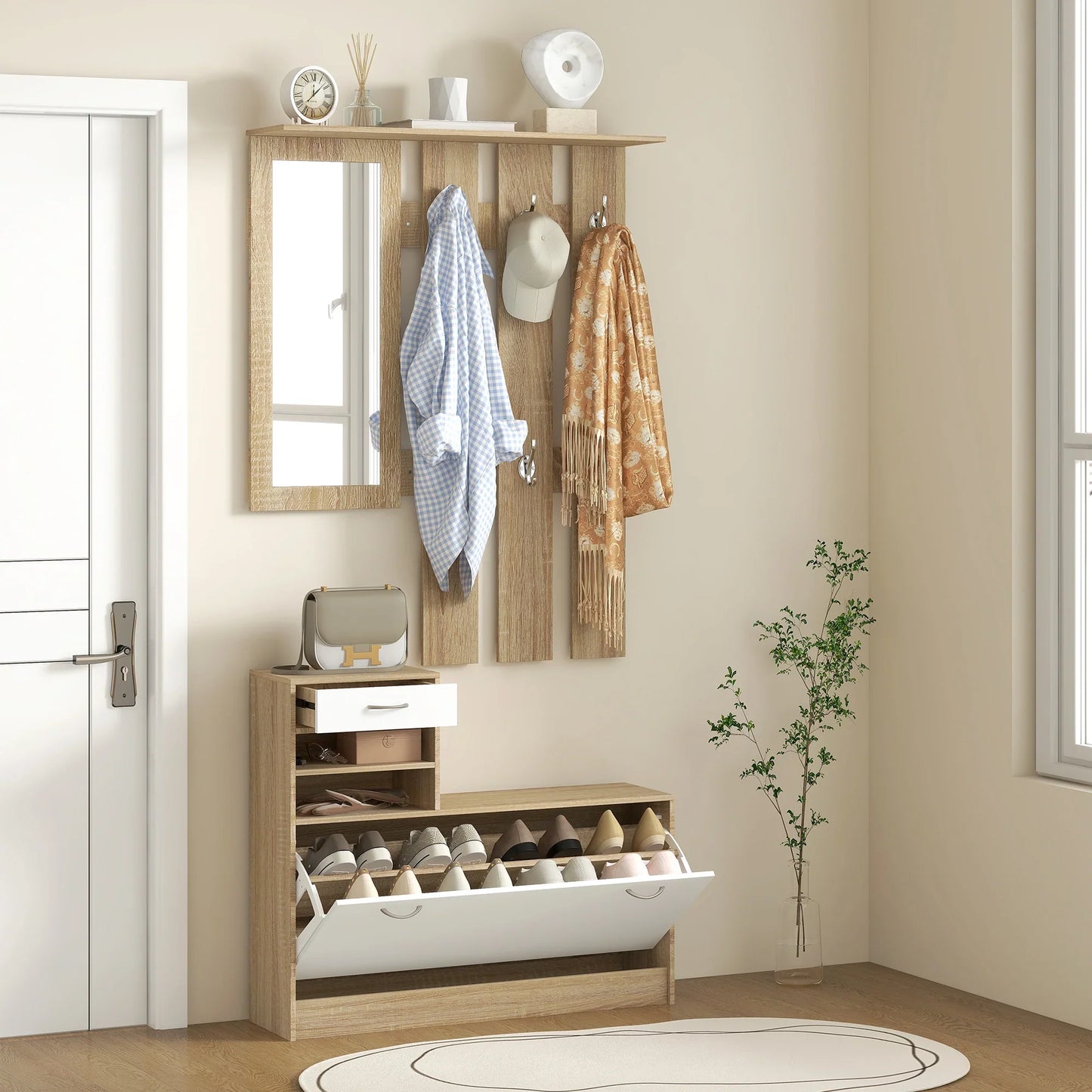 HOMCOM Flur Organizer mit Spiegel, Garderobe und Schuhschrank - 2-teiliges Möbelset für den Eingangsbereich mit 6 Haken, Regalen und Klappen-Schublade für einen natürlichen Flur