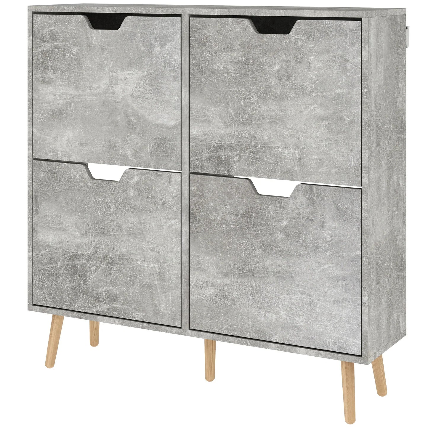HOMCOM Schuhschrank für den Eingangsbereich mit 4 Klapptüren auf 2 Ebenen für 16 Paar Schuhe, platzsparender Schuhschrank mit verstellbaren Regalen aus Spanplatte und Kiefernholz, 95x26x95 cm, Grau