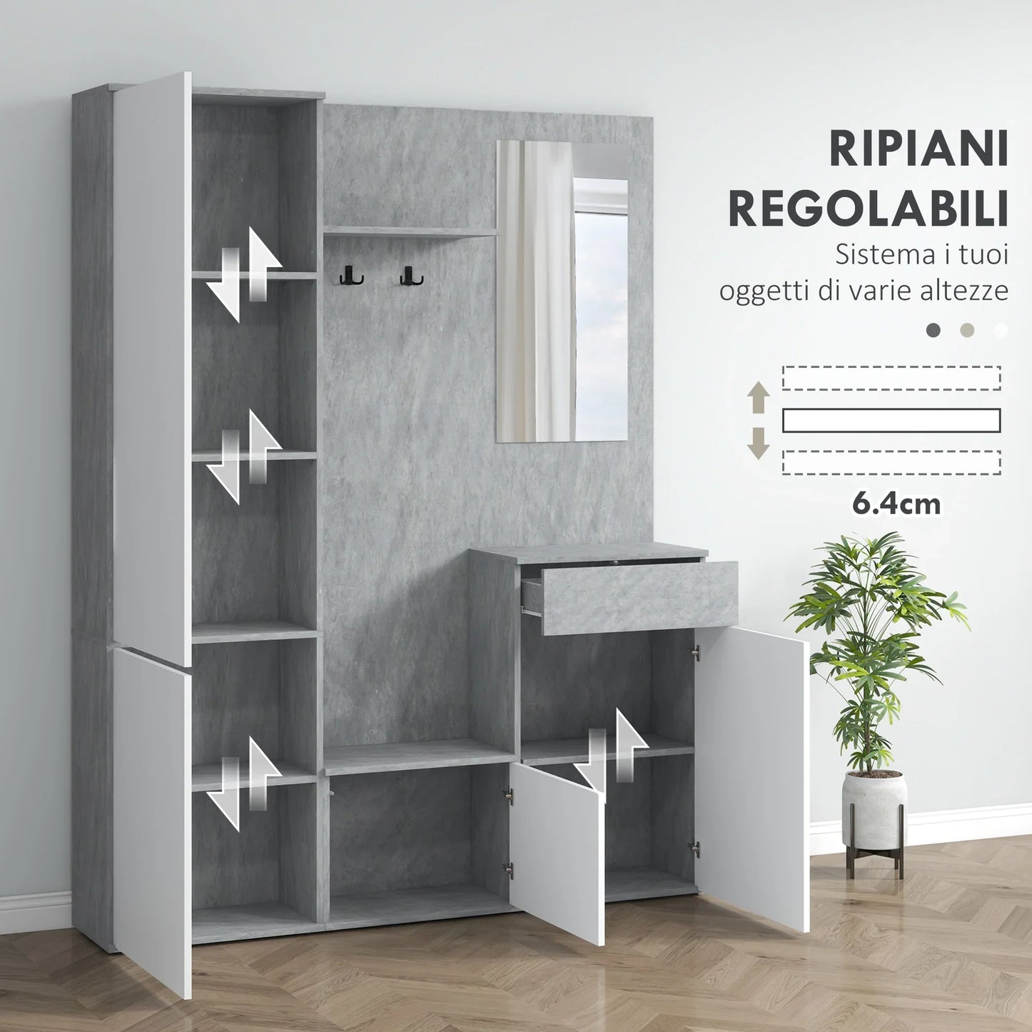 HOMCOM 4-in-1 Garderobenständer mit Spiegel, Haken und verstellbaren Innenregalen, Multitasking Holz-Garderobenmöbel mit Schublade, 145x29x184 cm, Grau und Weiß