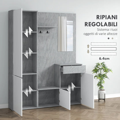 HOMCOM 4-in-1 Garderobenständer mit Spiegel, Haken und verstellbaren Innenregalen, Multitasking Holz-Garderobenmöbel mit Schublade, 145x29x184 cm, Grau und Weiß